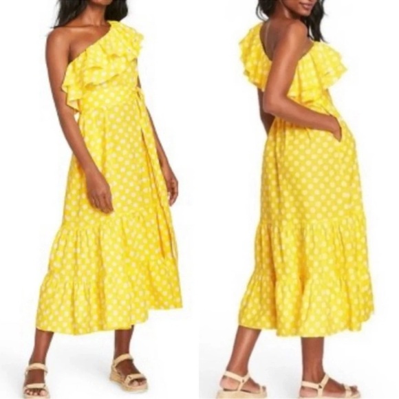 Lisa Marie Hernandez Linen Blend Polka Dot Ruffle Dress Yellow Size XS NWT - Picture 3 of 15